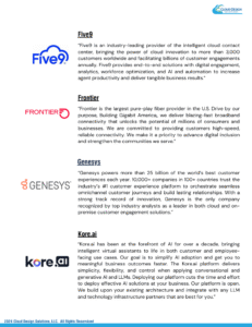 Cloud Design Solutions featured partners - Five9, Frontier, Genesys, Kore.AI.